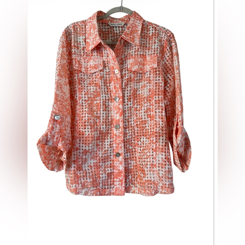 Women's Coral Button-Front Print Shirt with Roll-Tab Sleeves